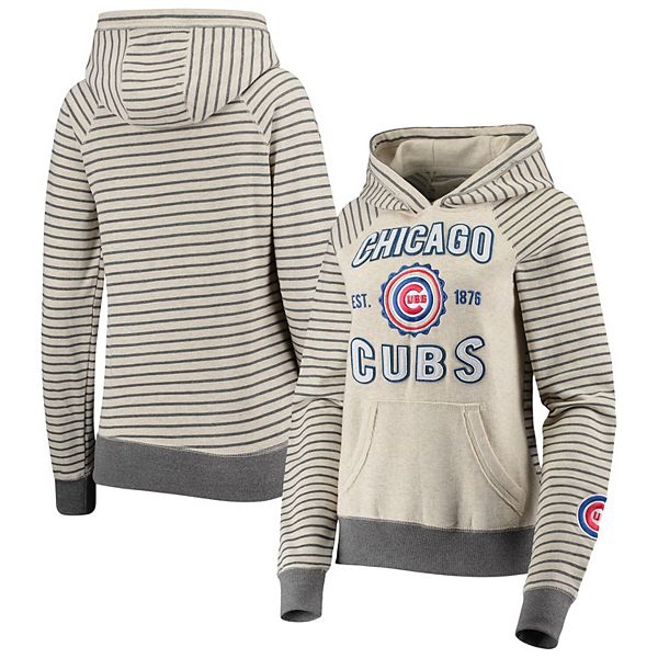 Women's Soft as a Grape Oatmeal Chicago Cubs Striped Pullover Hoodie