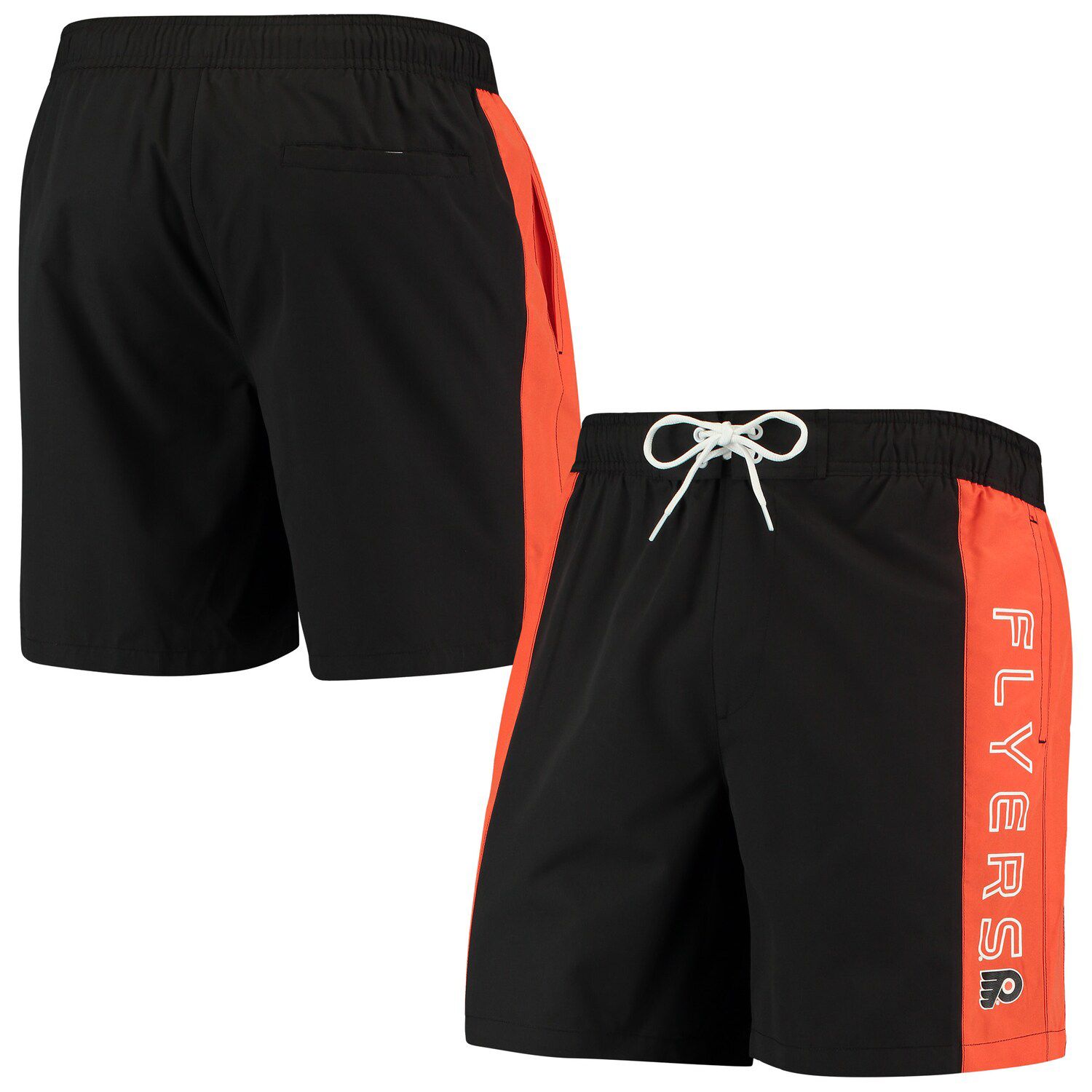 black and orange swim trunks