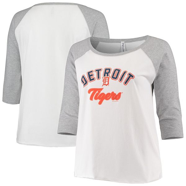 Women's Soft as a Grape White/Heathered Gray Detroit Tigers Plus Size  Baseball Raglan 3/4-Sleeve T-Shirt