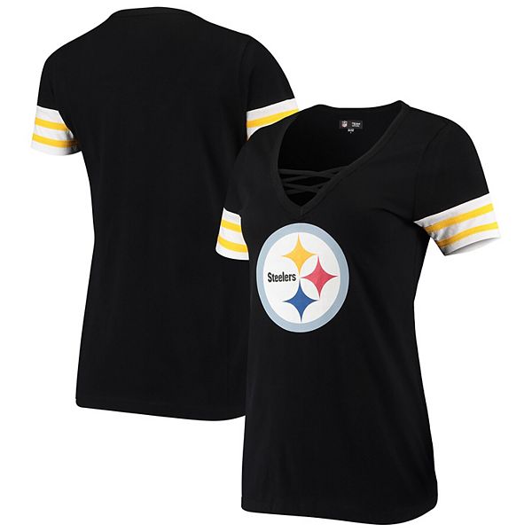 Women's New Era Black Pittsburgh Steelers Contrast Sleeve Stripe V-Neck ...