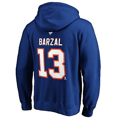 Men's Fanatics Branded Mathew Barzal Royal New York Islanders Authentic Stack Player Name & Number Fitted Pullover Hoodie