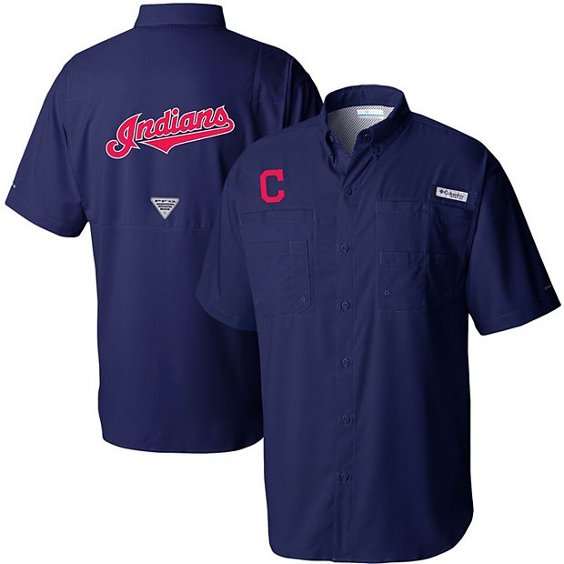 Columbia Cleveland Indians Mens Navy Blue Tamiami Short Sleeve Dress Shirt