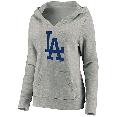Women's Fanatics Branded Heathered Gray Los Angeles Dodgers Official Logo Crossover V-Neck Pullover Hoodie
