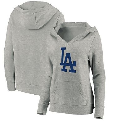 Women's Fanatics Branded Heathered Gray Los Angeles Dodgers Official Logo Crossover V-Neck Pullover Hoodie