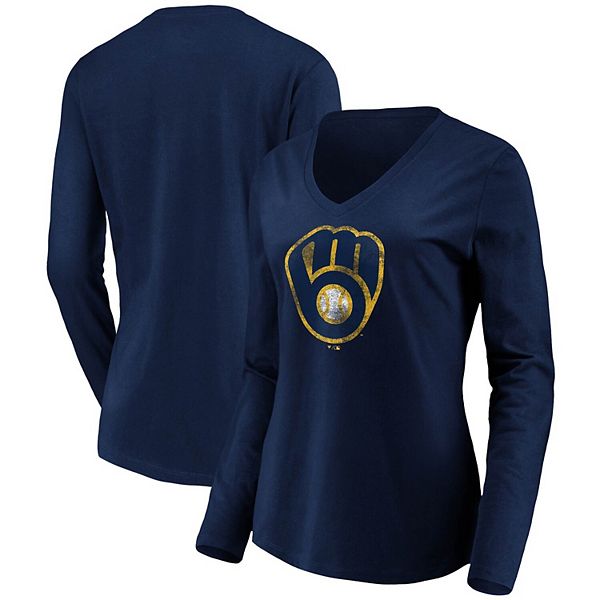 Women's Fanatics Branded Navy Milwaukee Brewers Core Team Long Sleeve  V-Neck T-Shirt