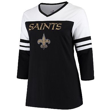 Women's Majestic Black/White New Orleans Saints Plus Size Ringer 3/4-Sleeve V-Neck T-Shirt