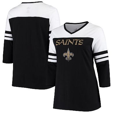 Women's Majestic Black/White New Orleans Saints Plus Size Ringer 3/4-Sleeve V-Neck T-Shirt