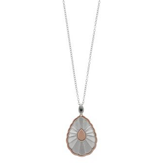 Two Tone Sterling Silver Scalloped Teardrop Pendant Necklace