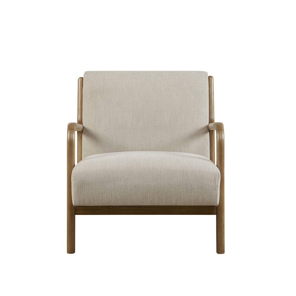 Front view of beige fabric armchair with wooden frame