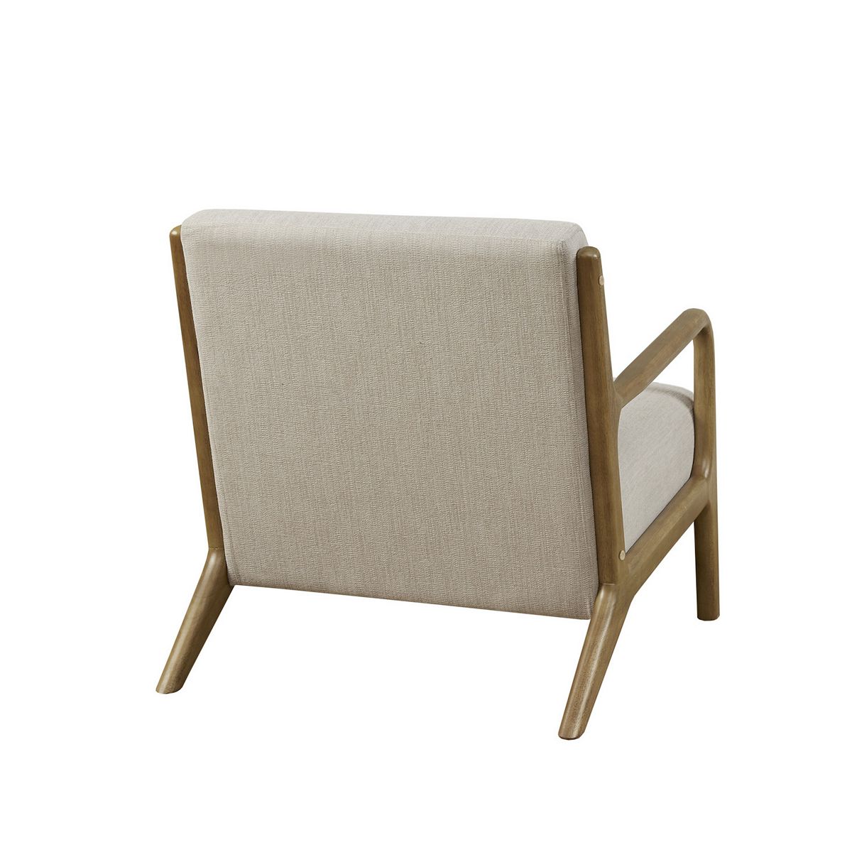 Rear view of beige fabric armchair showing back of chair