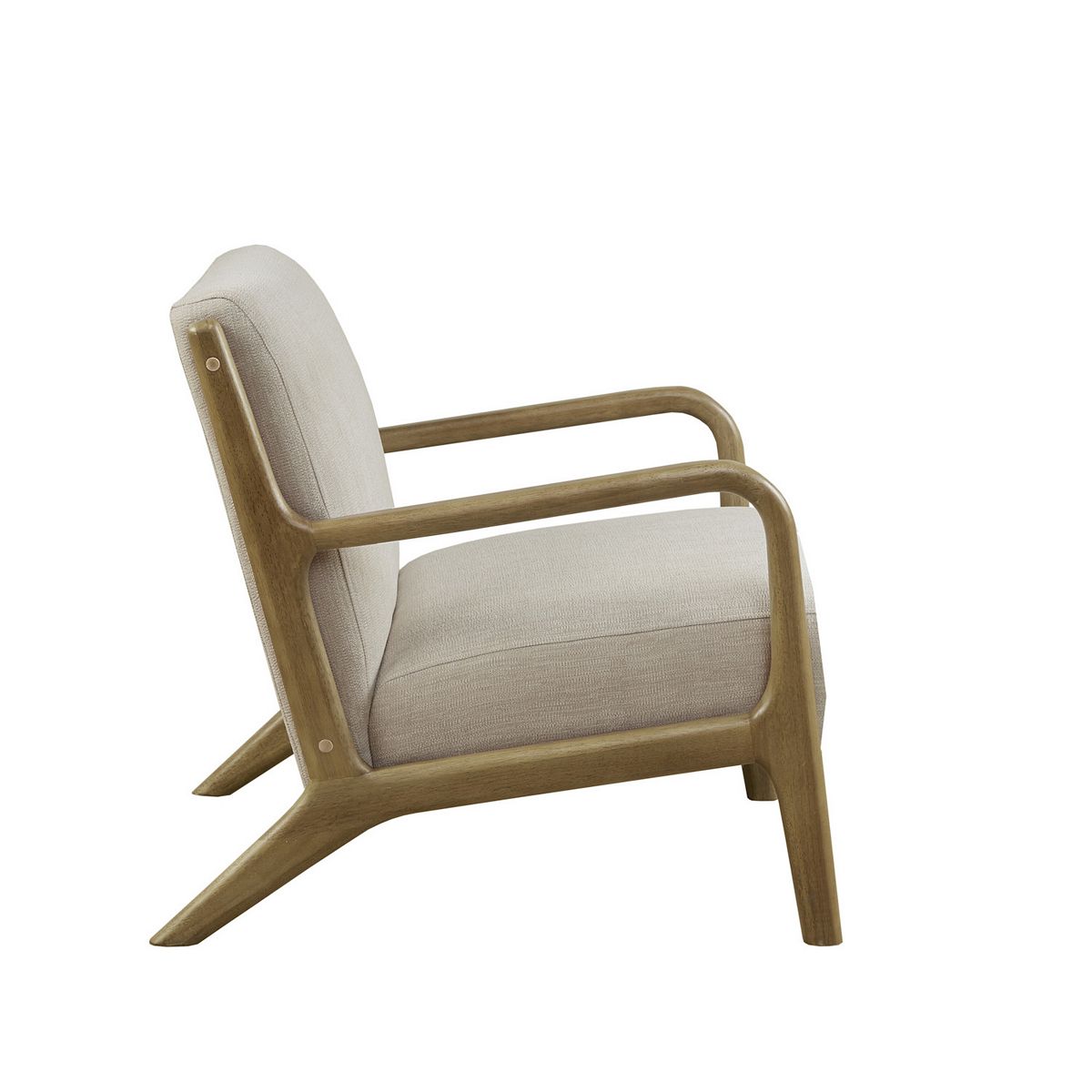 Side angle view of armchair with wooden frame