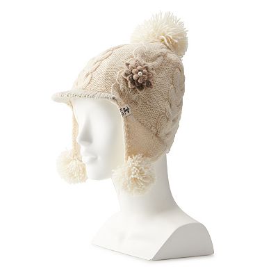 Women's SIJJL Ivory Floral Accent Pom Earflap Cap