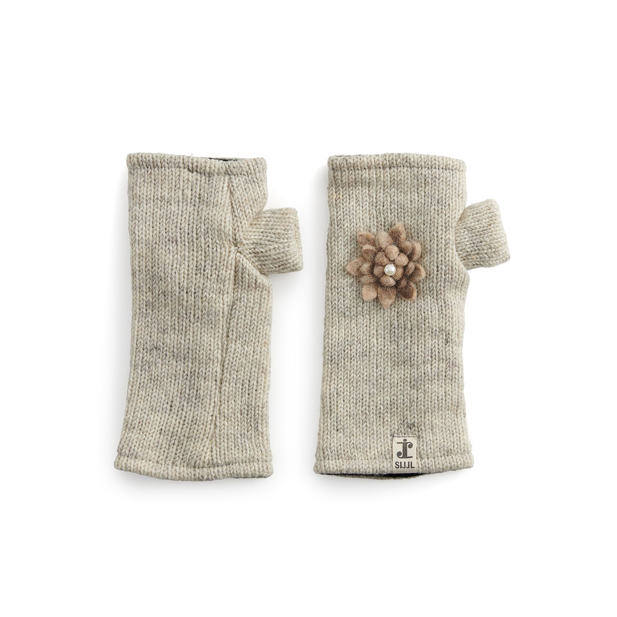 Womens SIJJL Knit Floral Accent Handwarmers, Light Gray