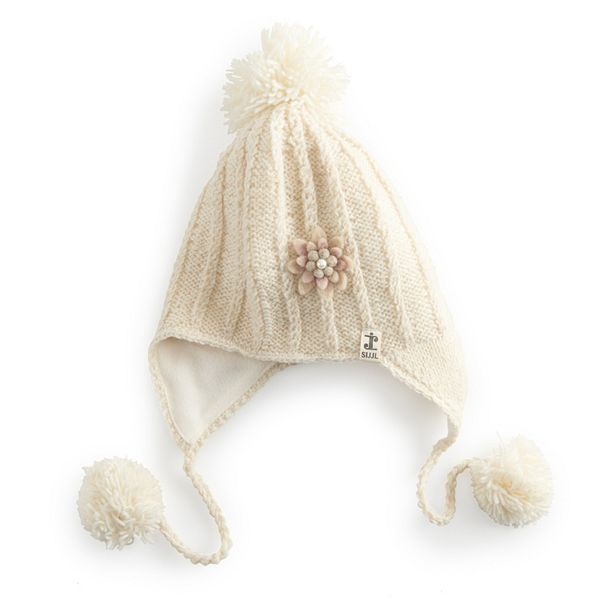 Women's SIJJL Ivory Floral Accent Pom Earflaps Cap