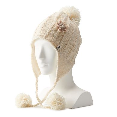 Women's SIJJL Ivory Floral Accent Pom Earflaps Cap