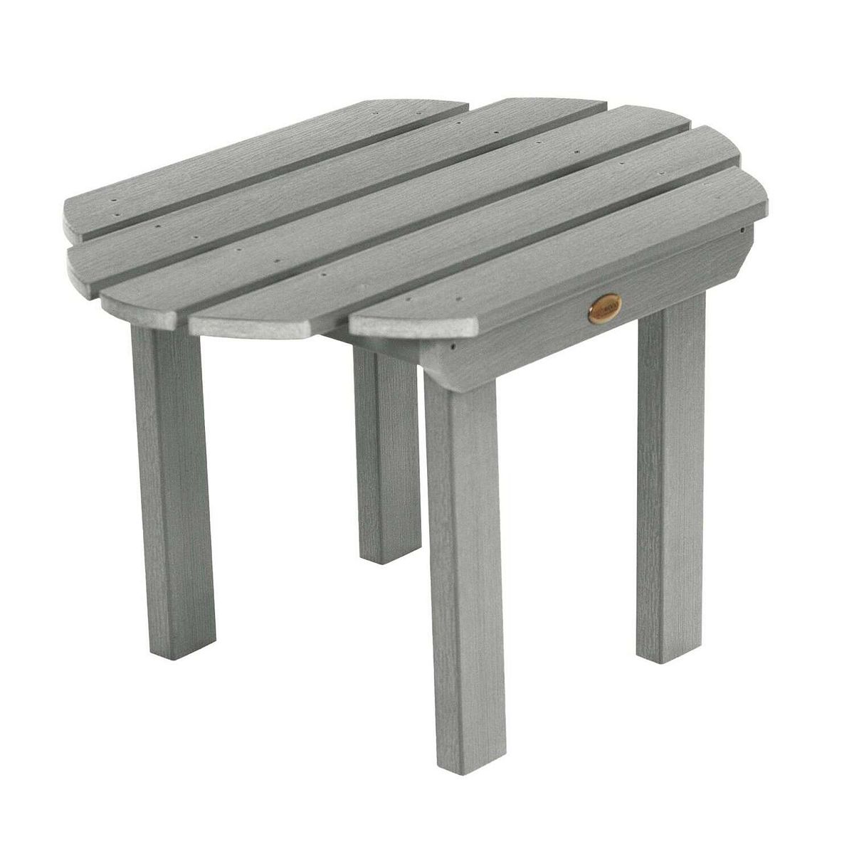 Slatted side table top with dark finish and small brass-toned hardware