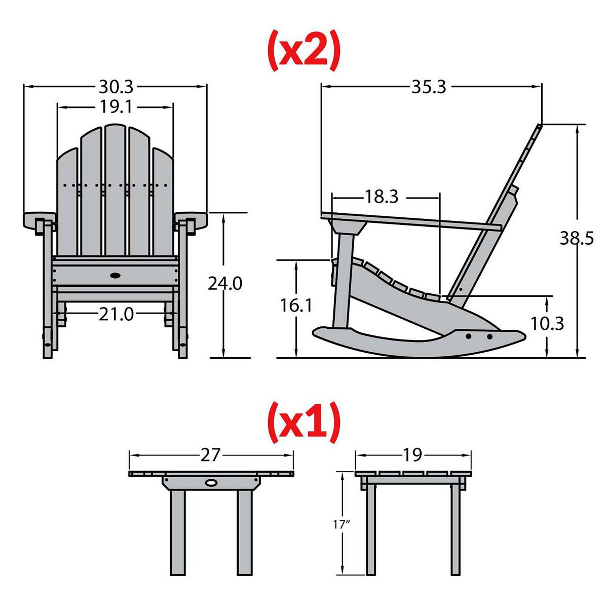 Diagram with dimensions for Westport rocking chair and side table