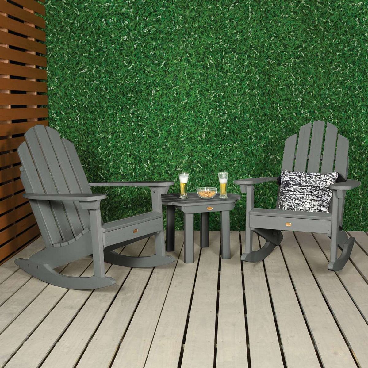 Set of two rocking chairs and a side table in gray-green outdoor finish