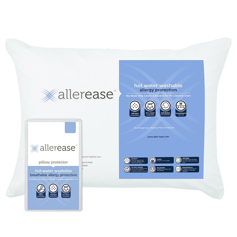 AllerEase Hot Water Wash Extra-Firm Pillow with Pillow Protector, White, Ki