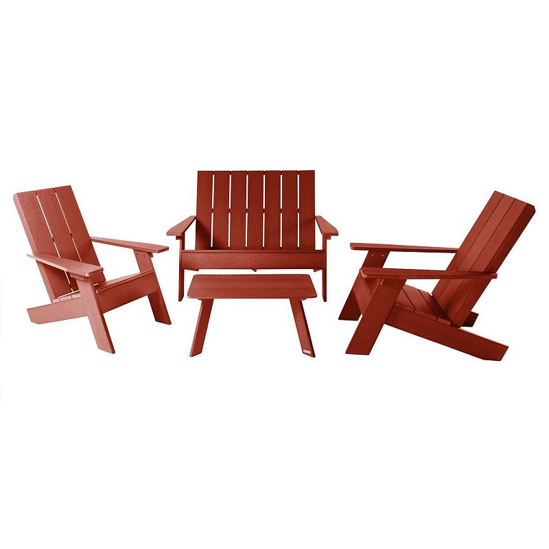 Highwood USA Barcelona Modern Adirondack Chairs & Double-Wide Modern Adirondack Chair 3-Piece Set, Rustic Red