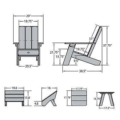 Highwood USA Barcelona Modern Adirondack Chair, Modern Side Table & Folding Ottoman 3-Piece Set