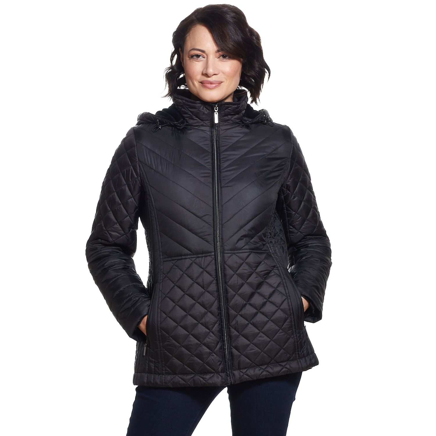 women's black quilted jacket with hood