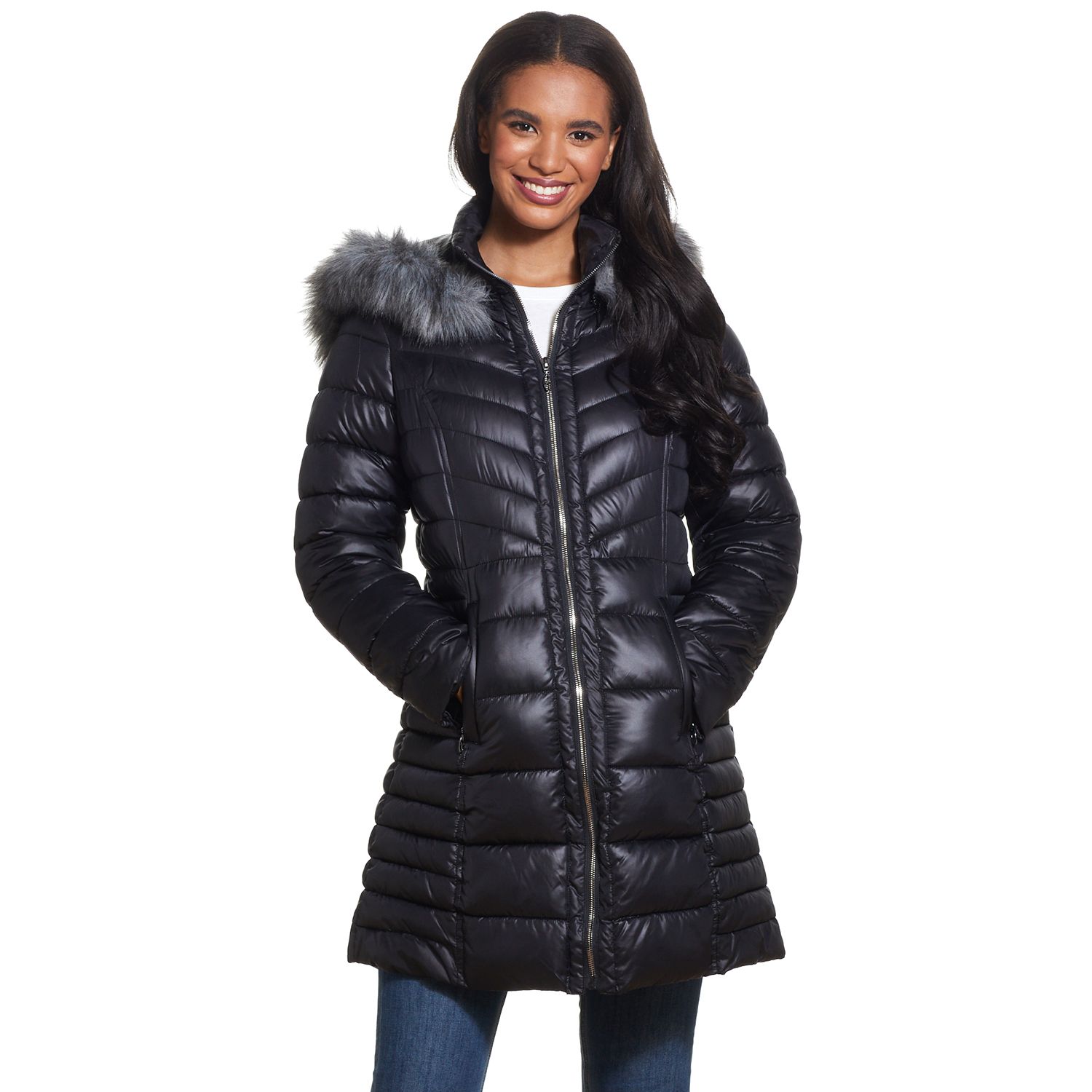 womens black puffer jacket with black fur hood