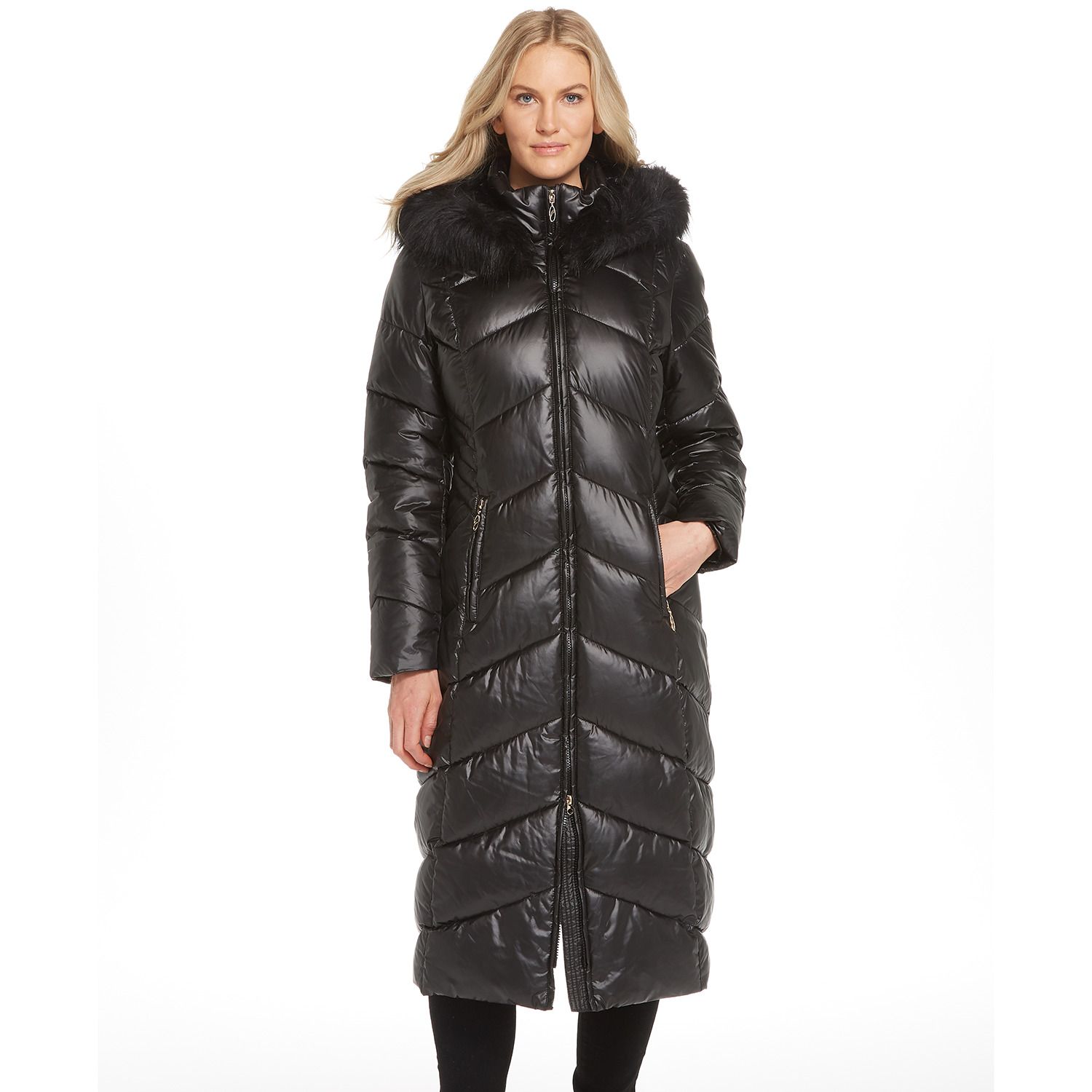 long black quilted coat with fur hood