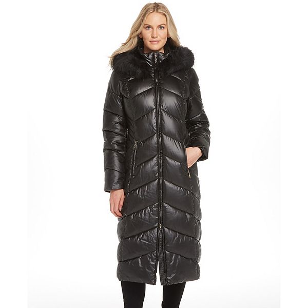 Gallery Faux Fur Hood Long Puffer Jacket, Womens Long Padded Coat With Fur Hood