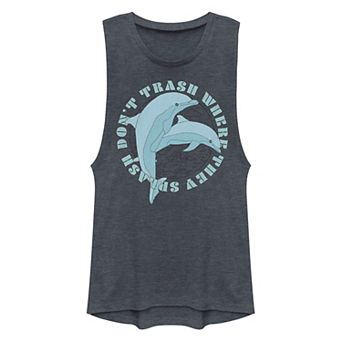 Juniors' Earth Day Dolphins Don't Trash Where They Splash Muscle Tank Top