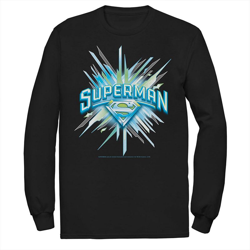 Mens DC Comics Superman Crystal Chest Text Logo Tee, Size: Small, Black