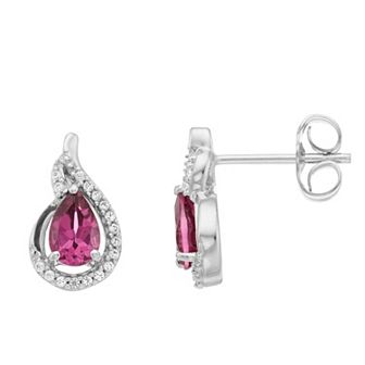 Sterling Silver Rhodolite Garnet & Lab-Created White Sapphire Teardrop Stud Earrings