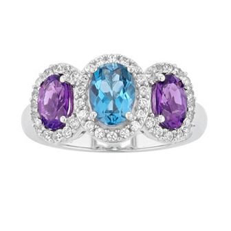 LeRose by Lexi and Rose Sterling Silver London Blue Topaz, Amethyst & Lab-Created White Sapphire 3-Stone Ring