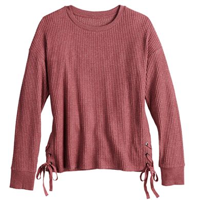 Juniors' SO® Long Sleeve Waffle Knit Top with Side Lace Detail