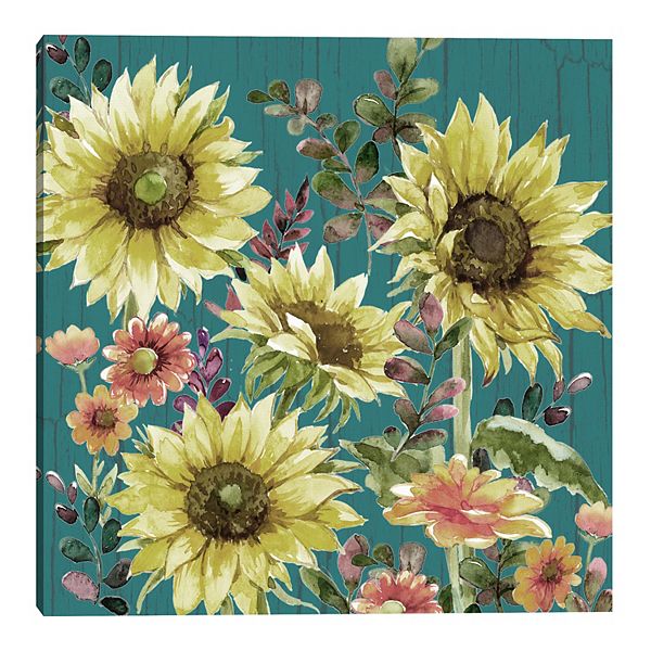 Fine Art Canvas Fall Sunflowers Teal Light Wall Art