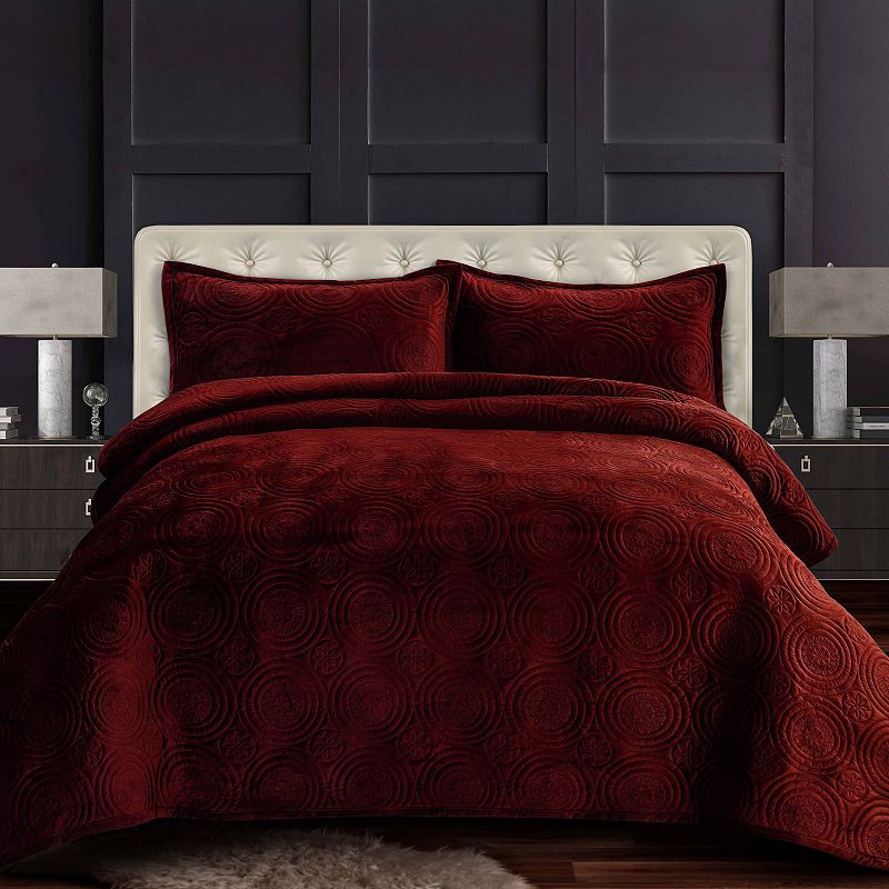 Tribeca Living Capri Medallion Velvet Oversized Quilt Set, Red, Twin