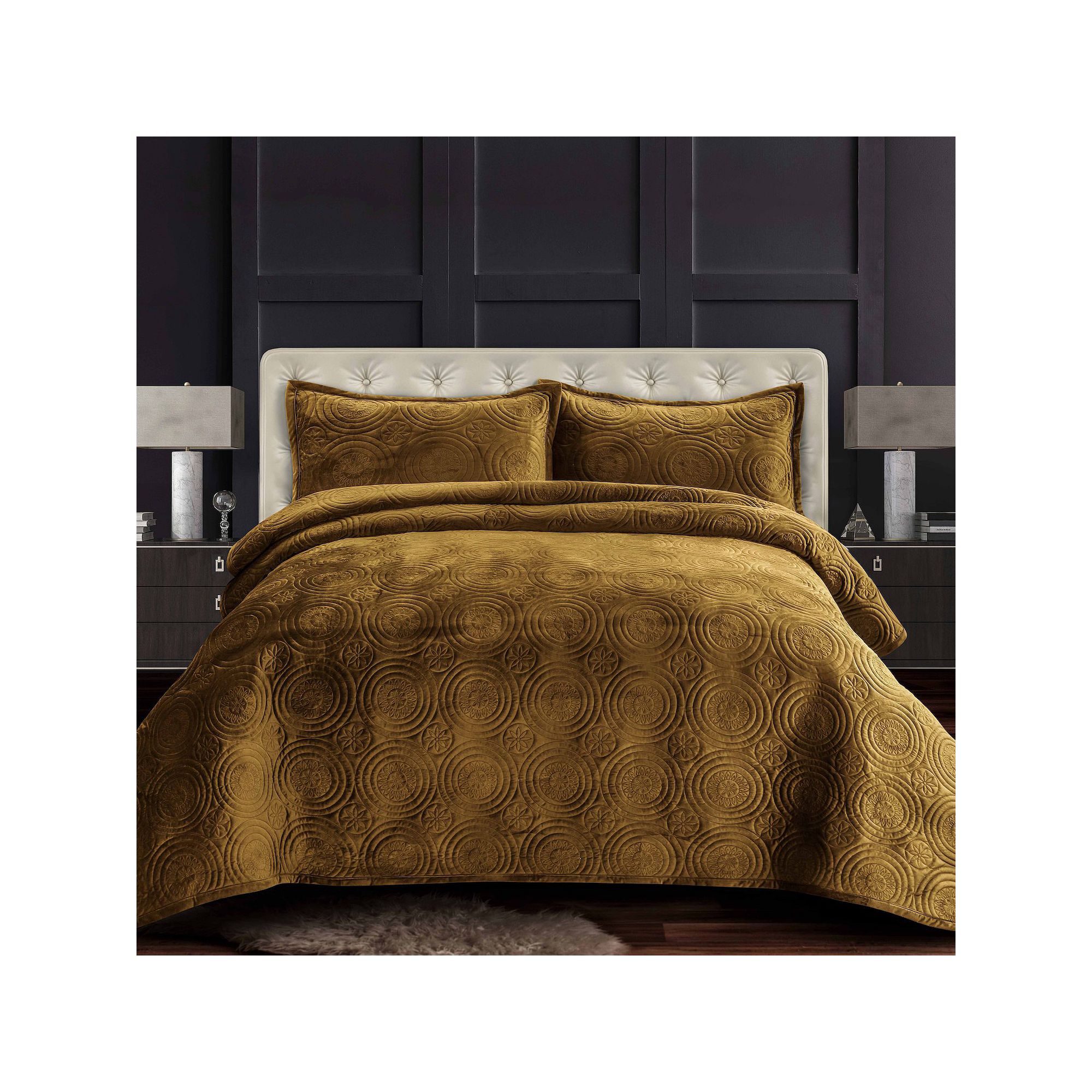 Tribeca Living Capri Medallion Velvet Oversized Quilt Set, Camel