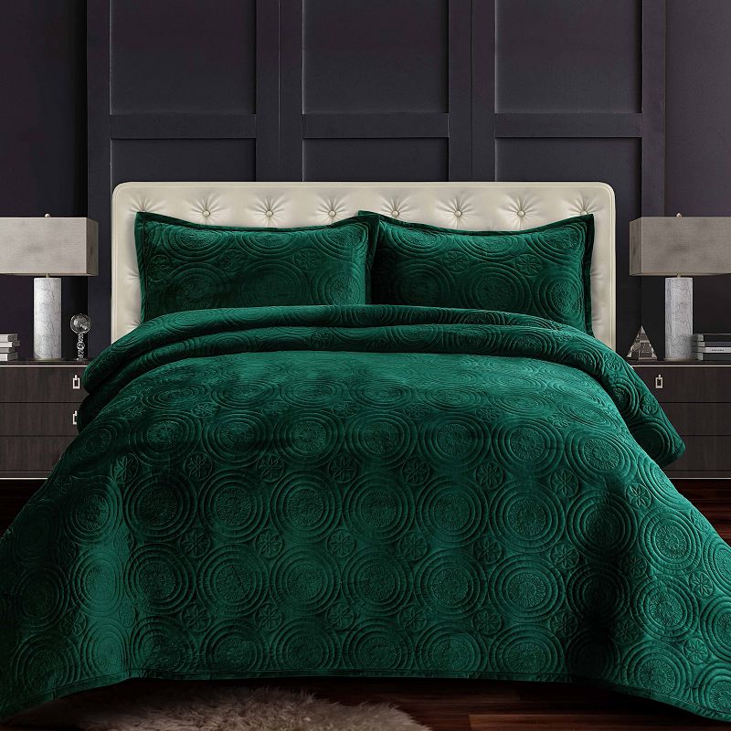 Tribeca Living Capri Medallion Velvet Oversized Quilt Set, Green, King