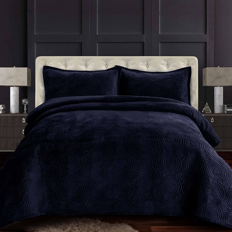 Tribeca Living Capri Medallion Velvet Oversized Quilt Set, Blue, Queen