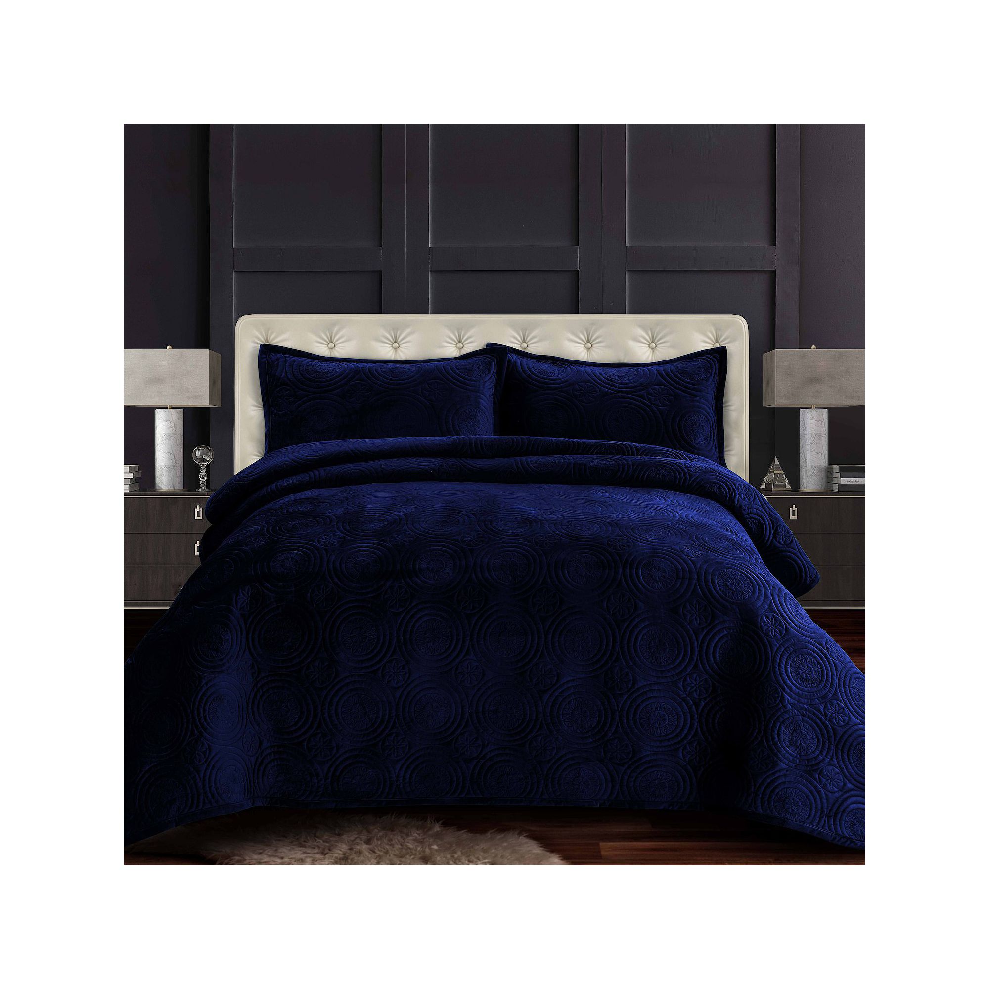 Tribeca Living Capri Medallion Velvet Oversized Quilt Set, Navy Blue