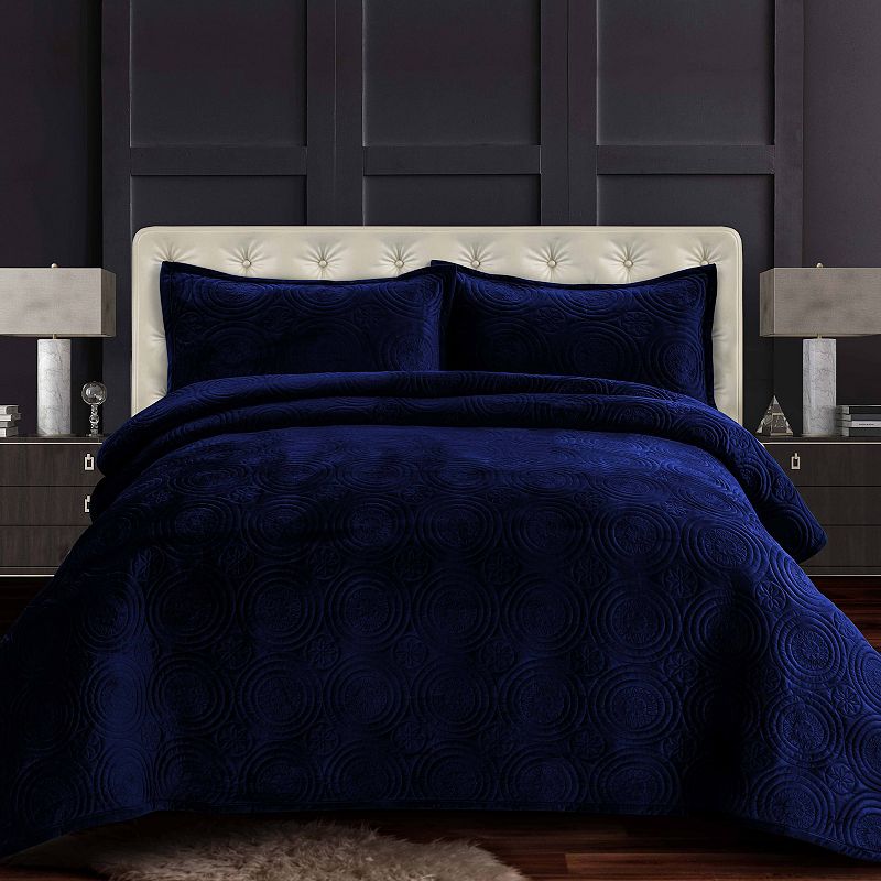 Tribeca Living Capri Medallion Velvet Oversized Quilt Set, Blue, Queen