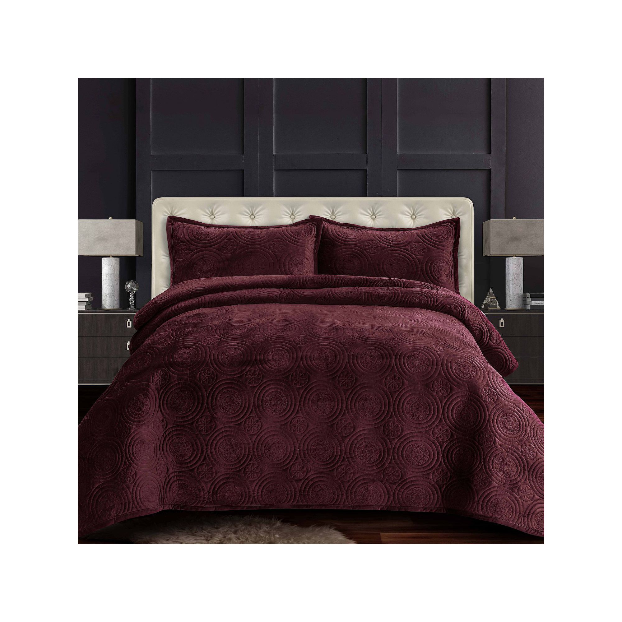 Tribeca Living Capri Medallion Velvet Oversized Quilt Set, Purple