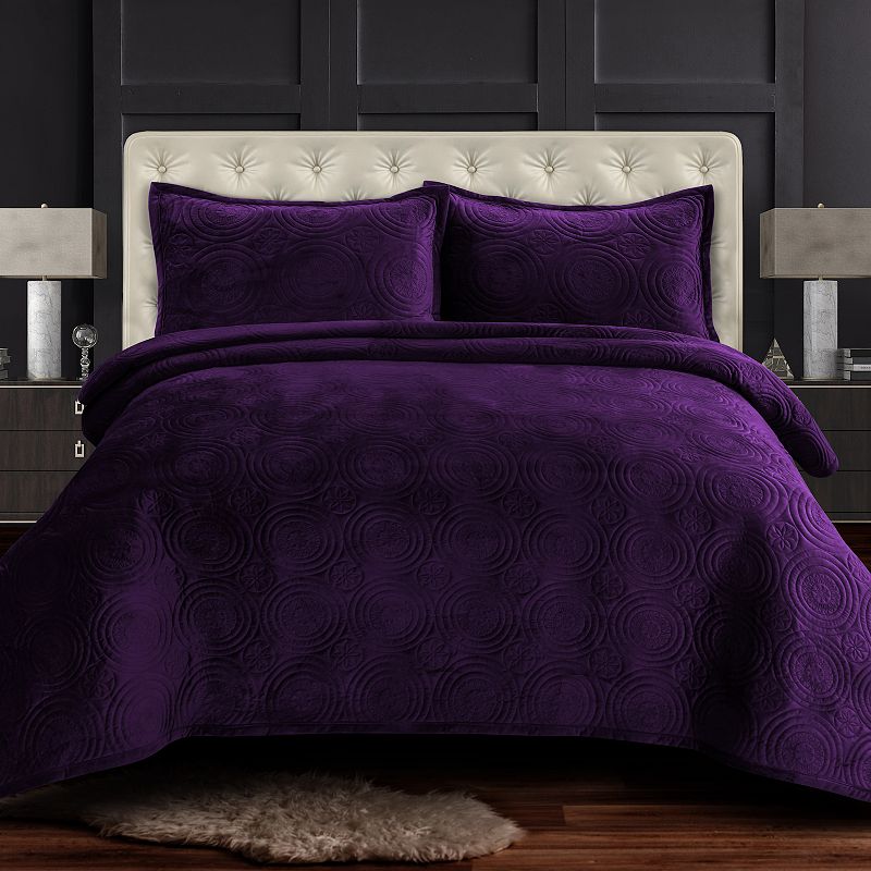 Tribeca Living Capri Medallion Velvet Oversized Quilt Set, Purple