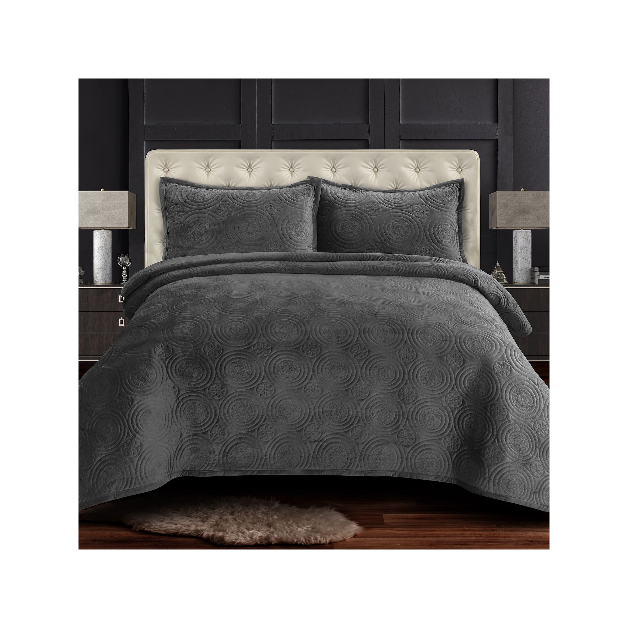 Tribeca Living Capri Medallion Velvet Oversized Quilt Set, Grey Gray