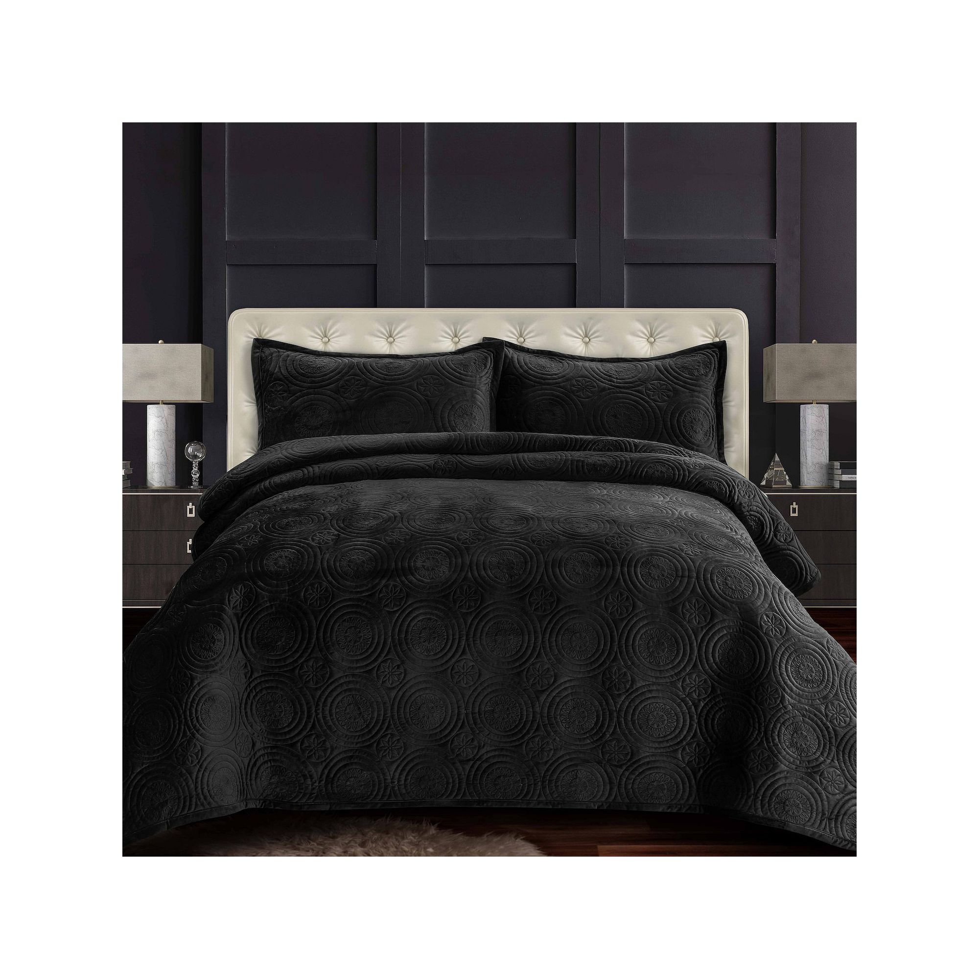 Tribeca Living Capri Medallion Velvet Oversized Quilt Set, Silver Gray