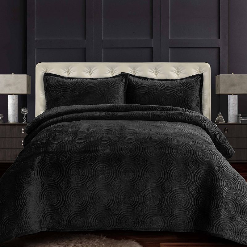 King 3pc Capri Medallion Velvet Oversized Solid Quilt Set Steel Gray - Tribeca Living