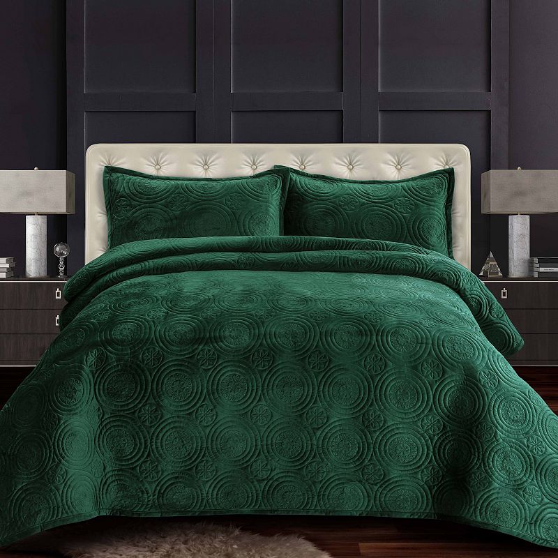 Tribeca Living Capri Medallion Velvet Oversized Quilt Set, Green, Twin