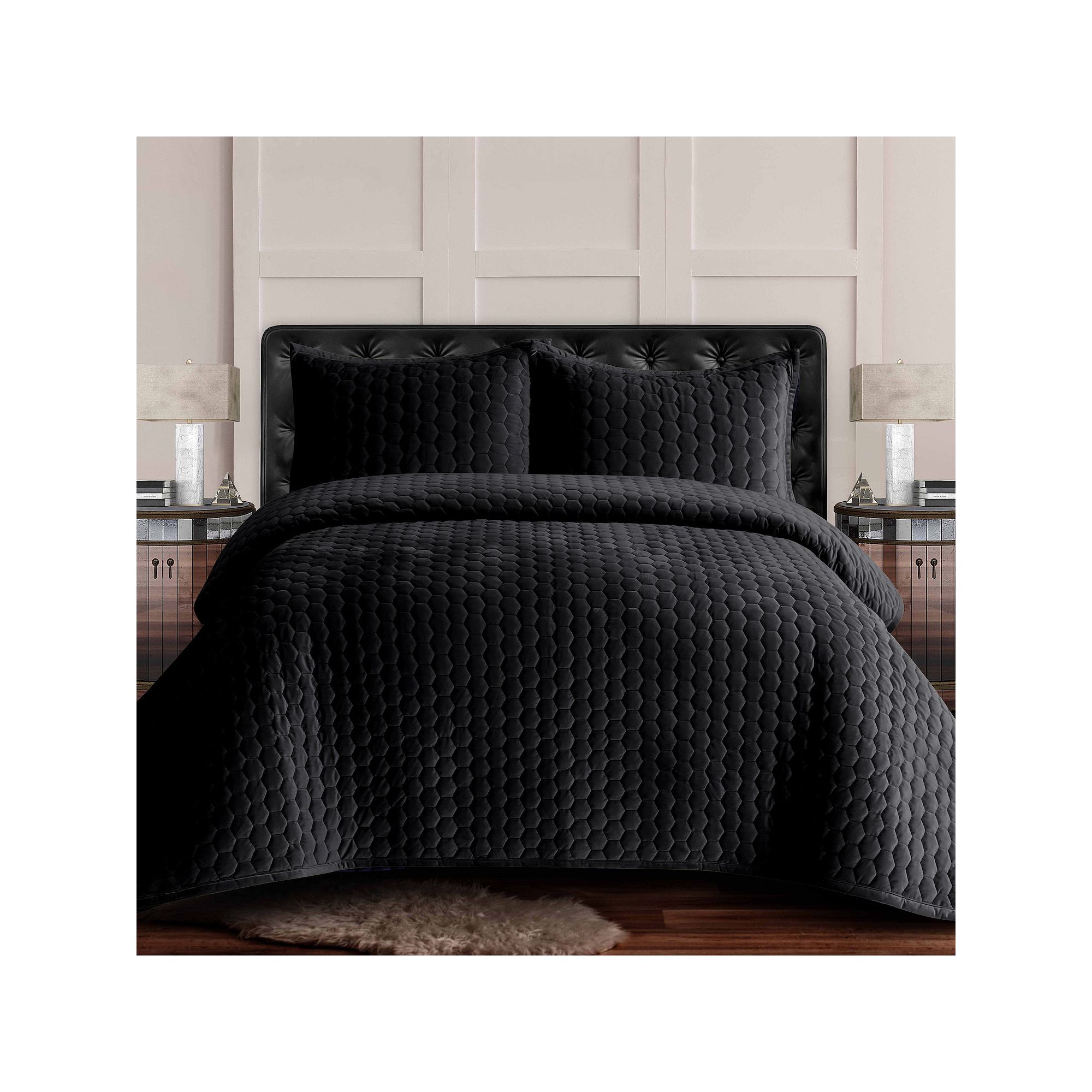 Tribeca Living Lugano Honeycomb Velvet Oversized Quilt Set, Black