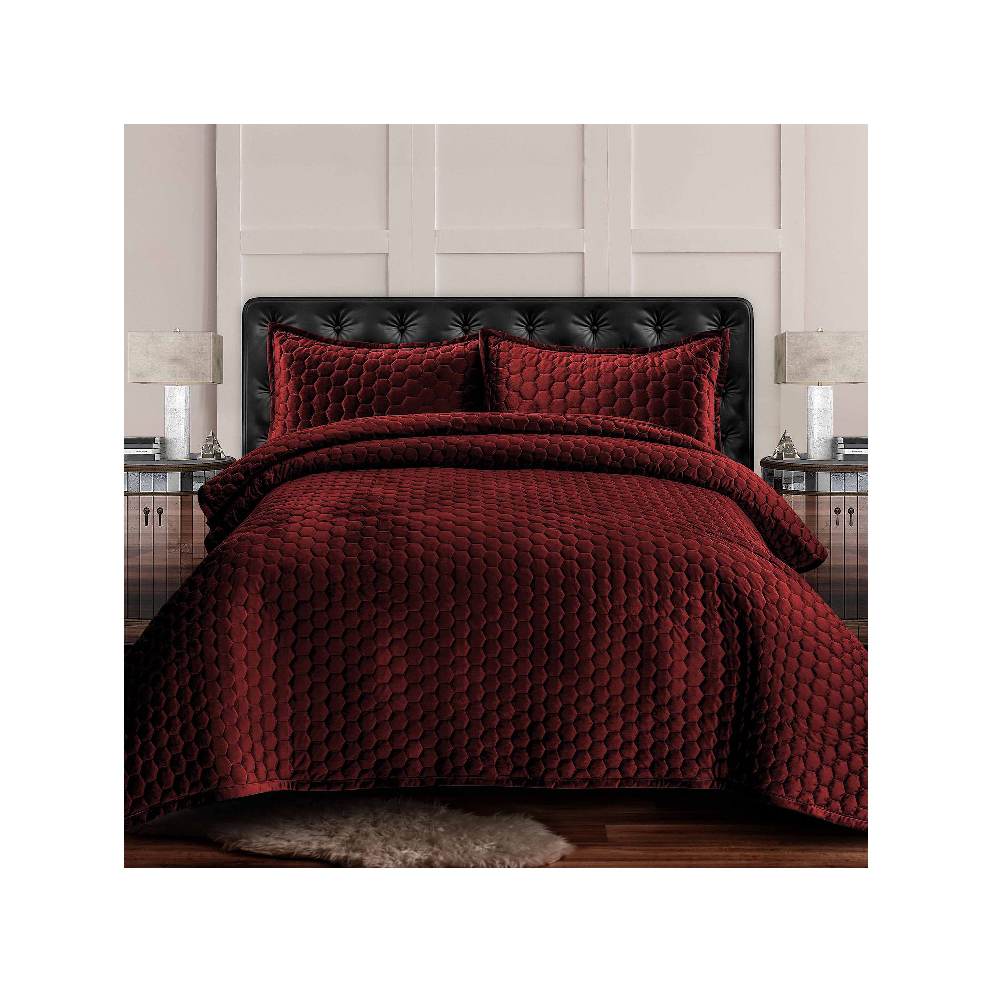 Tribeca Living Lugano Honeycomb Velvet Oversized Quilt Set, Red