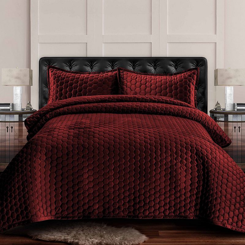 Tribeca Living Lugano Honeycomb Velvet Oversized Quilt Set, Red, Queen